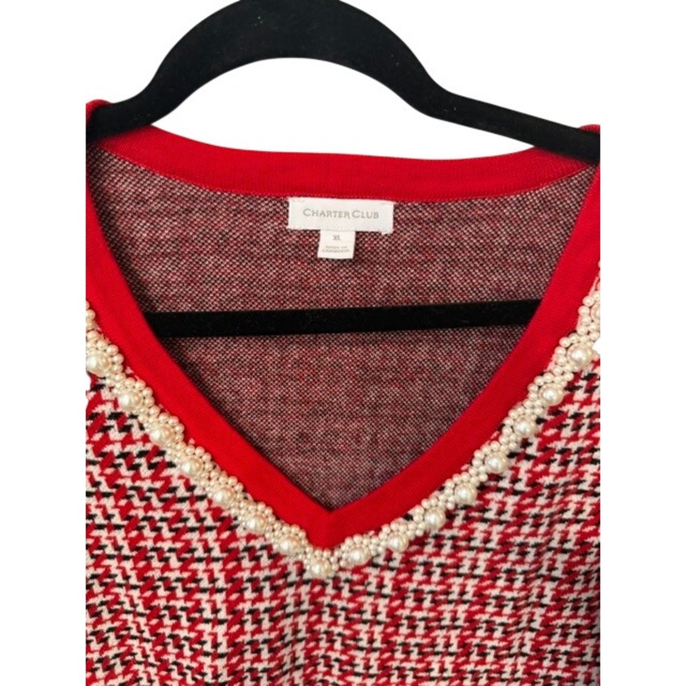 Charter Club Womens XL Red Houndstooth Pearl Embellished V-Neck Sweater Top - Picture 2 of 6